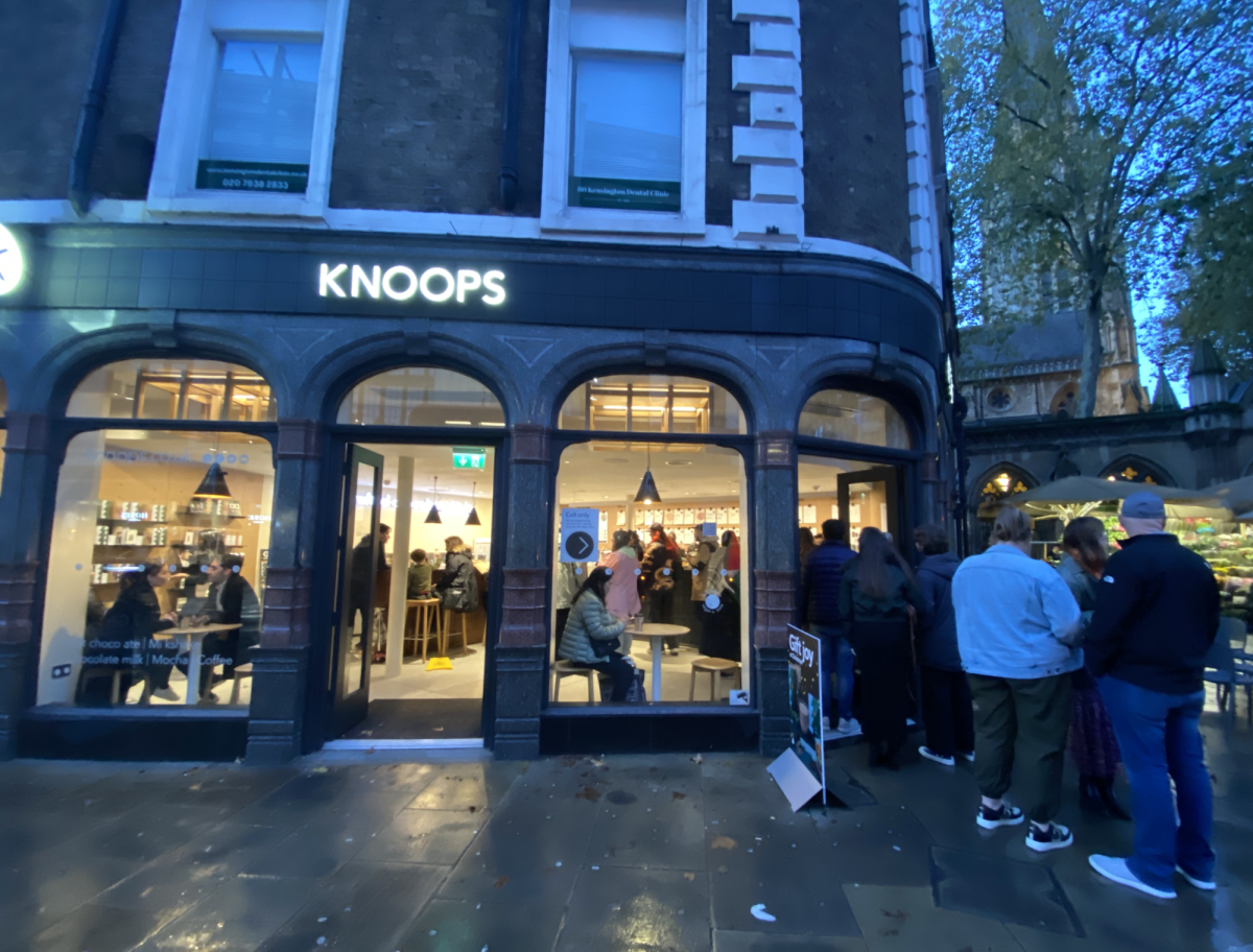 A queue forms outside new concept cafe Knoops at its High Street Kensington location. Known for its chocolate expertise, the store had a busy evening at one of its biggest locations. 